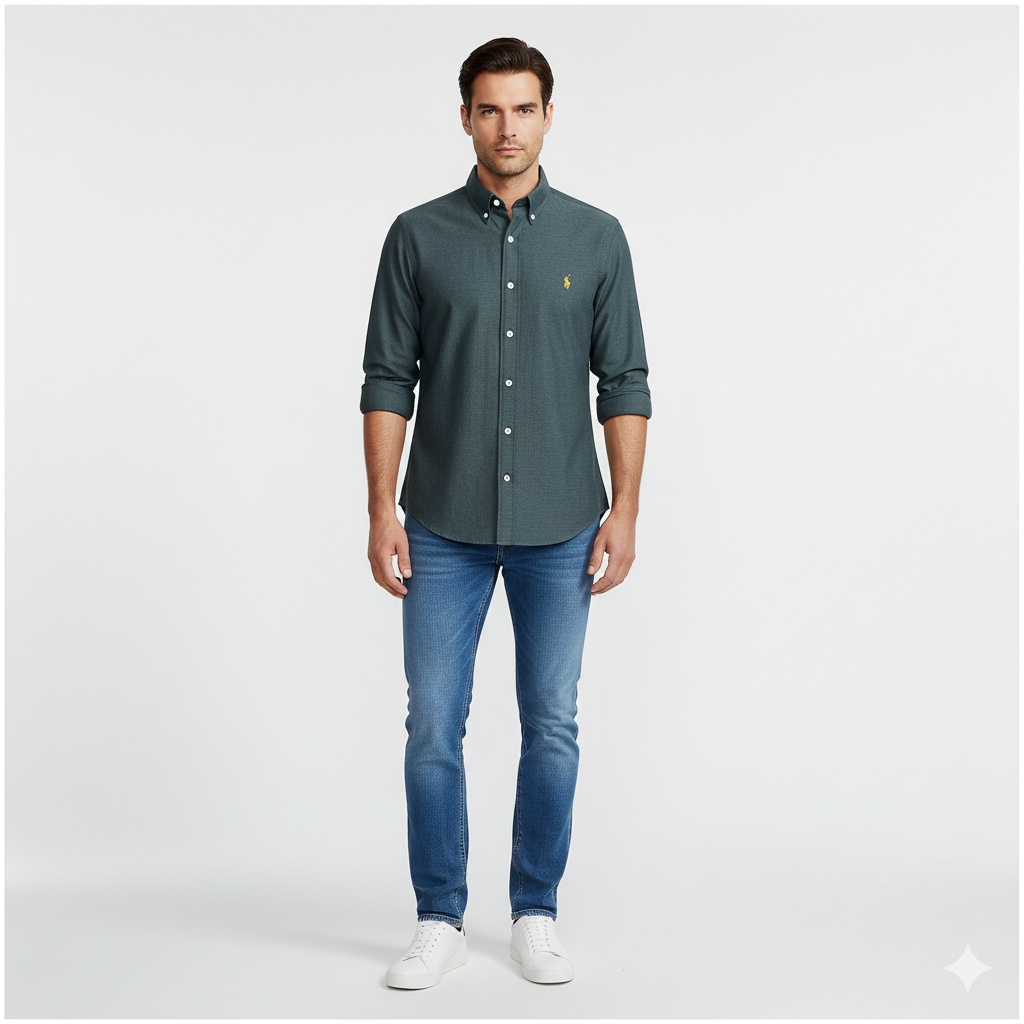 CAMISA OXFORD - VERDE MUSGO - LOGO COLORIDO NARANJA RL