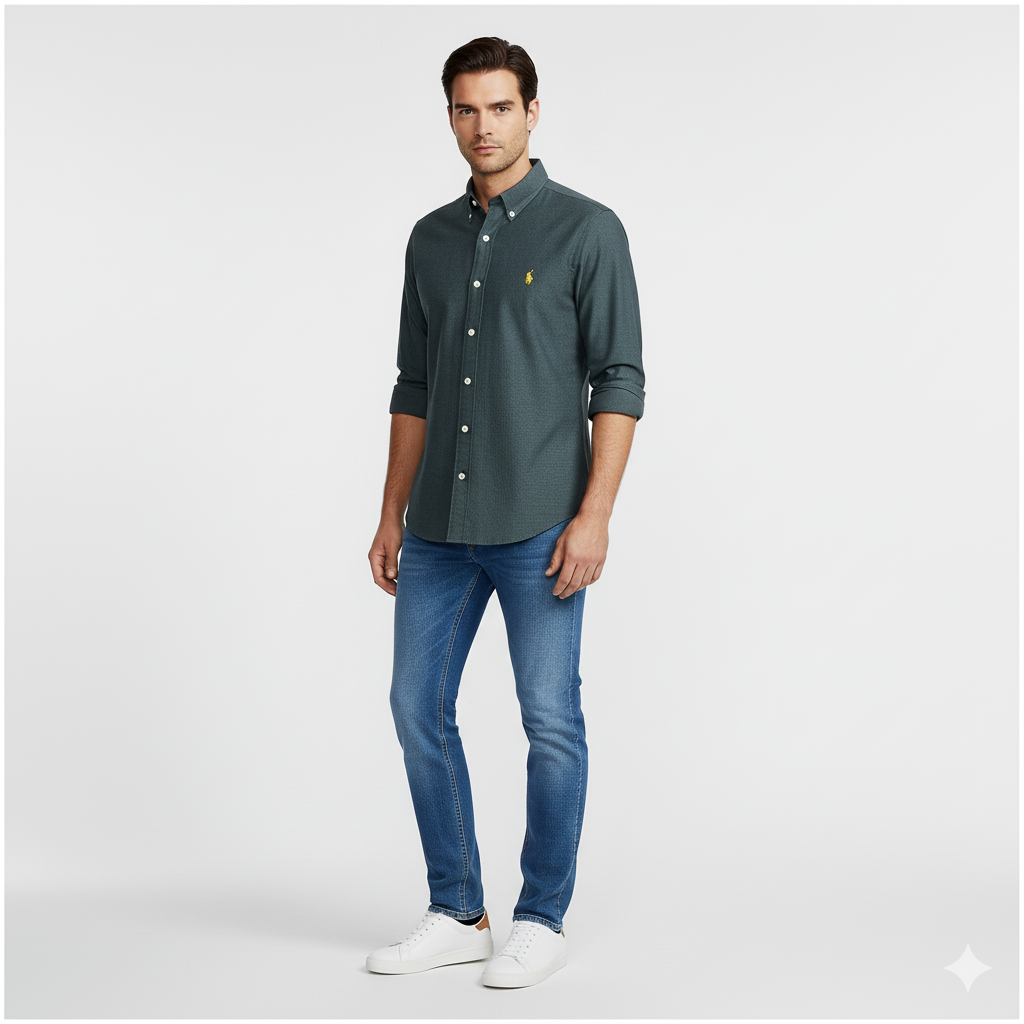 CAMISA OXFORD - VERDE MUSGO - LOGO COLORIDO NARANJA RL