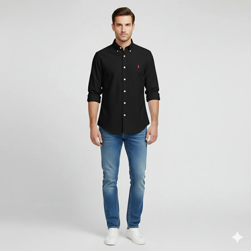 CAMISA OXFORD - NEGRO - LOGO COLORIDO ROJO RL