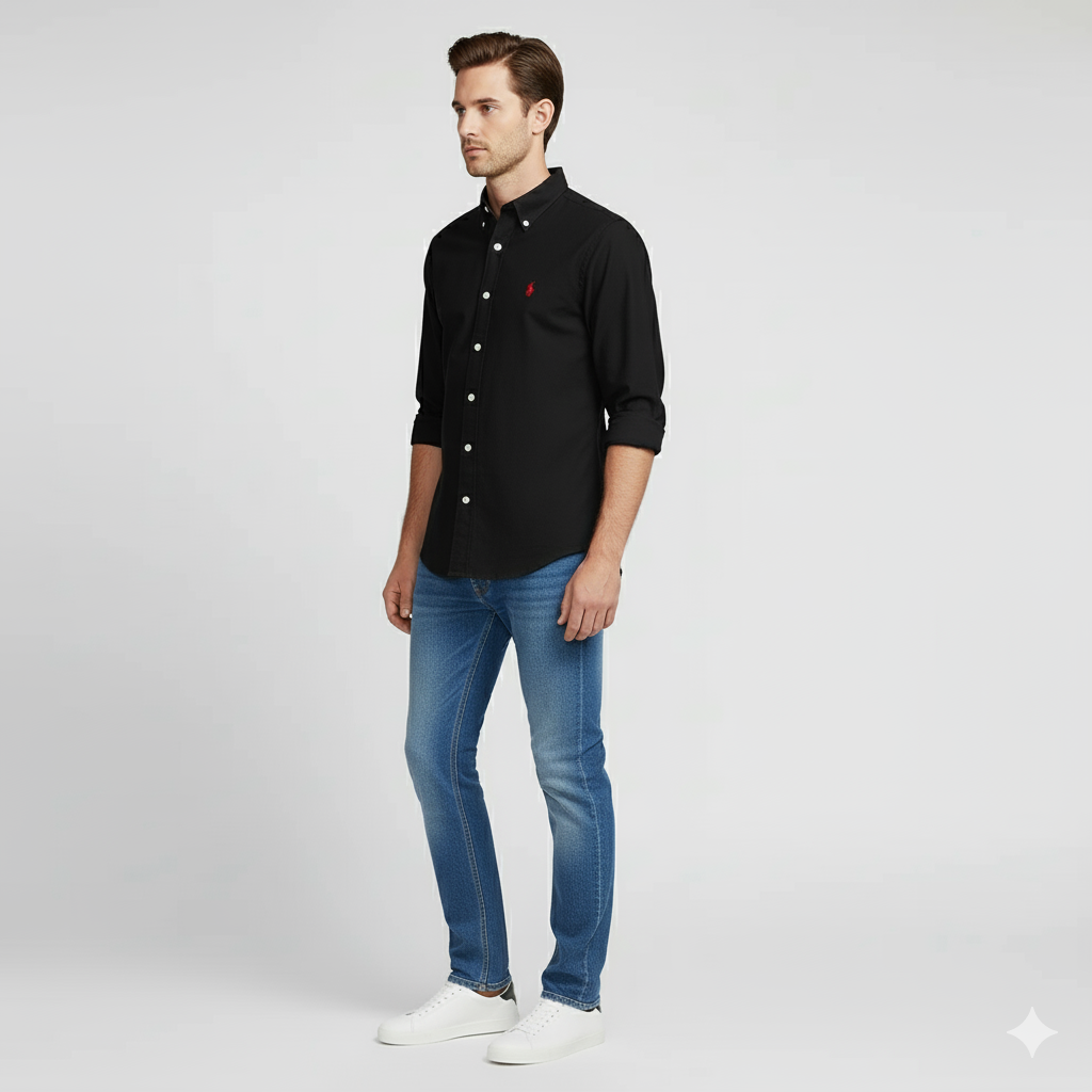 CAMISA OXFORD - NEGRO - LOGO COLORIDO ROJO RL