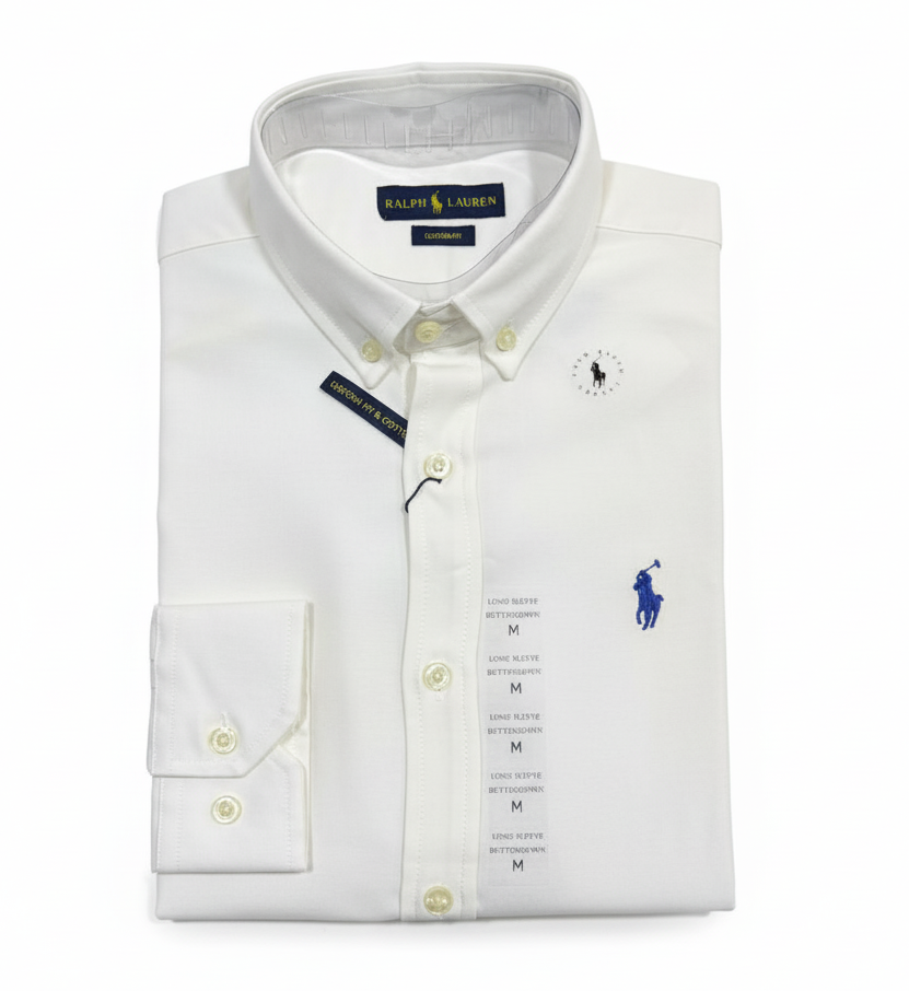 CAMISA OXFORD GRANULADO - BLANCO CREMA - LOGO COLORIDO AZUL RL