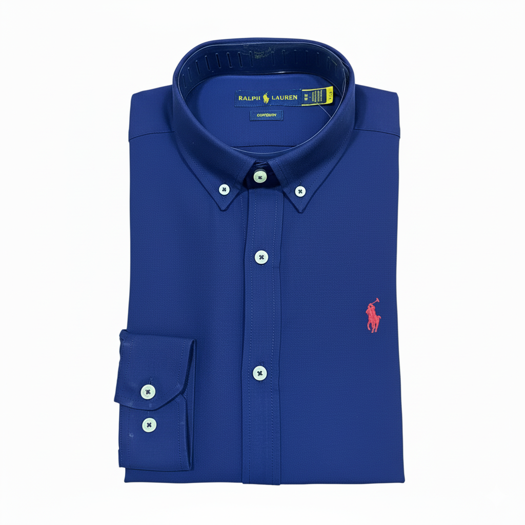 CAMISA OXFORD GRANULADO - AZUL MARINO - LOGO COLORIDO ROJO RL