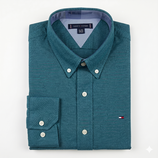 CAMISA OXFORD -  AZUL PETROLEO - LOGO COLORIDO TRADICIONAL TH