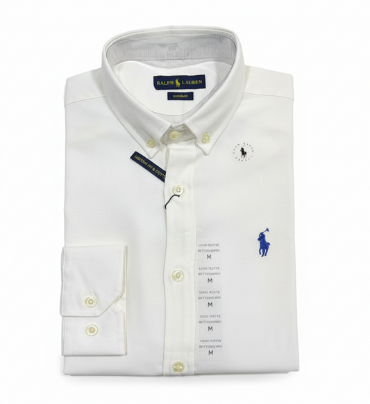 CAMISA OXFORD GRANULADO - BLANCO CREMA - LOGO COLORIDO AZUL RL